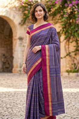 Blue Vegan Silk Kanjivaram Saree With Stripes Design 10076333