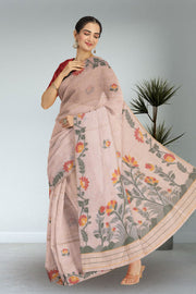 Beige Handloom Jamdani Linen Saree 10074659