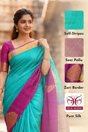 Blue Kanjivaram Silk Saree with Contrast Butta Border 10077903
