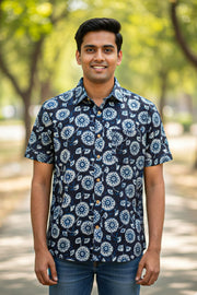 Blue Half Sleeve Jahota Printed Cotton Mens Shirt 10076225