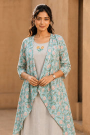 Blue Printed Cotton Dress With Coat 10077618