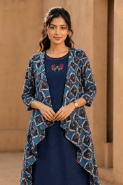Blue Hand Embroidered Cotton Dress with Jacket 10077640