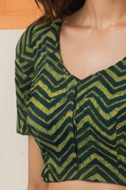 Green Zigzag Motif Indigo Hand Block Print Cotton Blouse 10074585