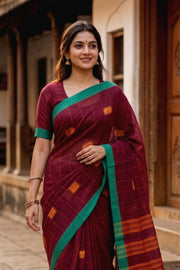 Maroon Handloom Chettinad Cotton Saree 10077332
