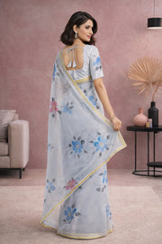Blue Hand Painted Organza Saree 10065945
