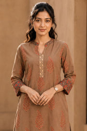 Brown Hand Block Printed Cotton Kurta & Pant Set 10077617

