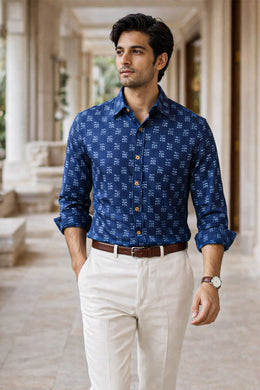 Indigo Handblock Print Pre-Washed Pure Cotton Shirt 10076871
