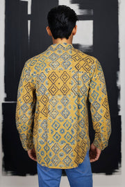 Yellow Full Sleeve Ajrakh Printed Cotton Mens Shirt 10072911