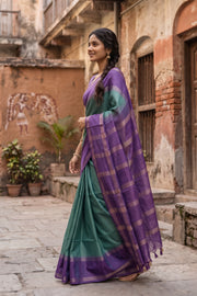 Teal Green Semi Tussar Saree with Zari Border 10078209