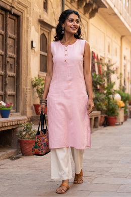 Pink Handcrafted Solid Style Sleeveless Cotton Kurta 10077457