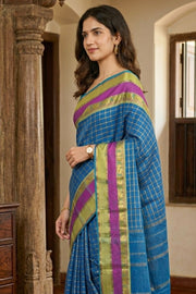 Blue Vegan Silk Kanjivaram Saree With Checks Design 10076352