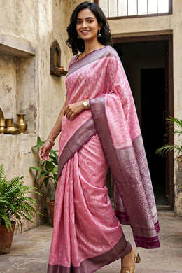 Kanjivaram Tissue Vegan Silk Saree in Carnation Pink with Silver Zari Contrast Border 10075570