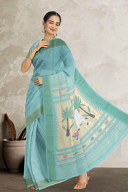 Blue Handloom Paithani Cotton Saree with Silk Pallu 10068428