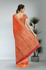 Red Hand Block Printed Chanderi Saree 10030037