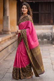 Hot Pink Pure Zari Korvai Kanjivaram Silk Saree 10058734