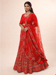Red Net Silk Embroidered Lehenga 10076885