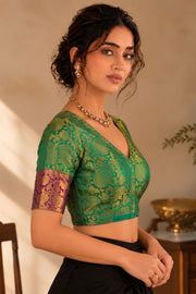 Peacock Whisper Green Kanjivaram Soft Silk Brocade Blouse With Floral Border 10076631