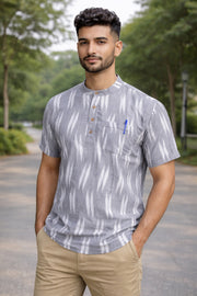 Ikat Cotton Men's Short Kurta With Slim-Fit Design & Front Pocket 10076951