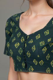 Green Diamond Motifs Indigo Hand Block Print Cotton Blouse 10074584