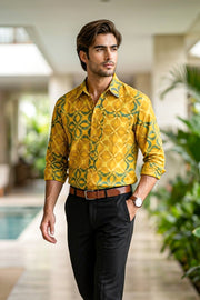 Yellow Full Sleeve Ajrakh Printed Cotton Mens Shirt 10076864