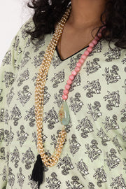 Chartreuse Green Hand Block Printed Cotton Kaftan 10075947