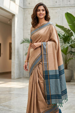 Beige Vegan Silk Kanjivaram Saree With Checks Design 10076307