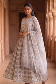 Mist Grey Hand Block Printed Cotton Chaniya Choli With Kota Doria Dupatta 10066312