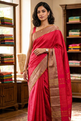 Pink Kanjivaram Vegan Silk Saree With Stripes Design 10076342
