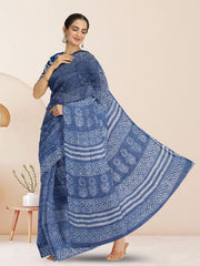Blue Indigo Tribal Design Dabu Print Kota Cotton Saree 10074180