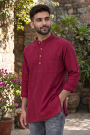 Wine Red Full Sleeve Slub Cotton Solid Style Men's Kurta 10074253