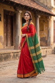 Tomato Red Kanjivaram Silk Cotton Saree 10077966