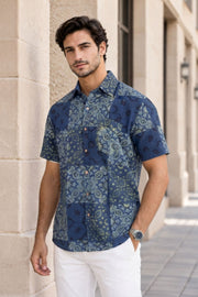 Blue Half Sleeve Ajrakh Printed Cotton Mens Shirt 10072713