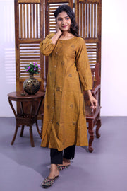 Ochre Yellow Hand Embroidered Cotton Kurta 10062671