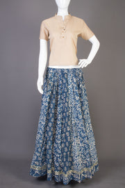 Ocean Blue Hand Block Printed Cotton Skirt (Size-36 to 40)-Avishya