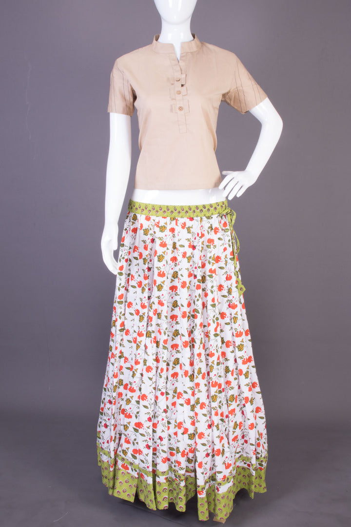 White Hand Block Printed Cotton Skirt (Size-36 to 40)-Avishya