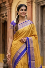 Desert Gold Beige with Blue Mysore Crepe Silk Saree With Zari Border 10076663