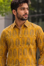 Mustard Yellow Full Sleeve Ajrakh Printed Cotton Mens Shirt 10071154