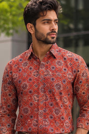 Red Full Sleeve Ajrakh Printed Cotton Mens Shirt 10071158