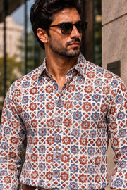 Cream Full Sleeve Ajrakh Printed Cotton Mens Shirt 10071159