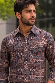 Black Full Sleeve Ajrakh Printed Cotton Mens Shirt 10071156