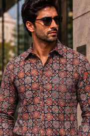 Black Full Sleeve Ajrakh Printed Cotton Mens Shirt 10071155