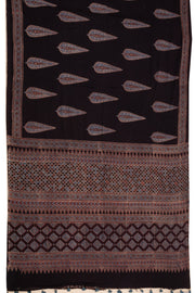 Blackberry Wine Black Ajrakh Printed Mulmul Cotton Saree With Geometric Border 10076518