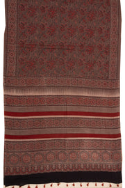Wood Brown Ajrakh Printed Mulmul Cotton Saree With Floral Motifs and Geometric Border 10076520