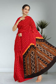 Red Bandhani Mulmul Cotton Saree 10075500