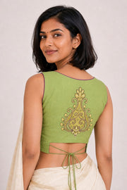 Green Aari Embroidered Mangalgiri Cotton Blouse 10069976