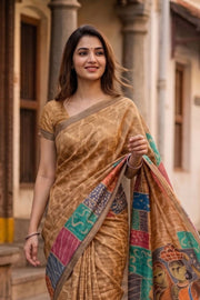 Brown Printed Semi Tussar Silk Saree With Tribal Motifs 10076270
