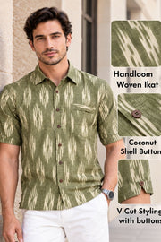 Light Green Half Sleeve Handloom Ikat Cotton Men's Shirt 10077853
