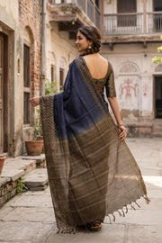 Navy Blue Semi Tussar Saree with Chevron Border 10078218