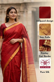 Maroon Monotone Kanjivaram Pure Silk Saree With Zari Border 10077915