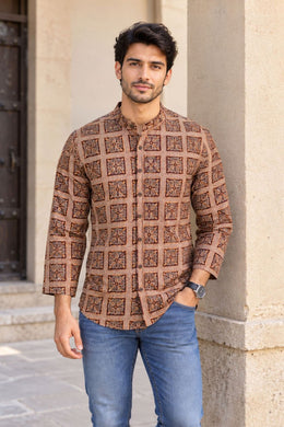 Brown Full Sleeve Kalamkari Print Raglan Men's Shirt 10077846
